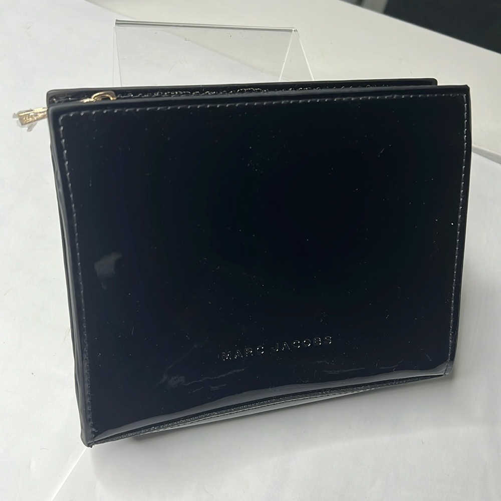 Marc Jacobs Black Patent Leather Zip Top Clutch Makeup Bag - New